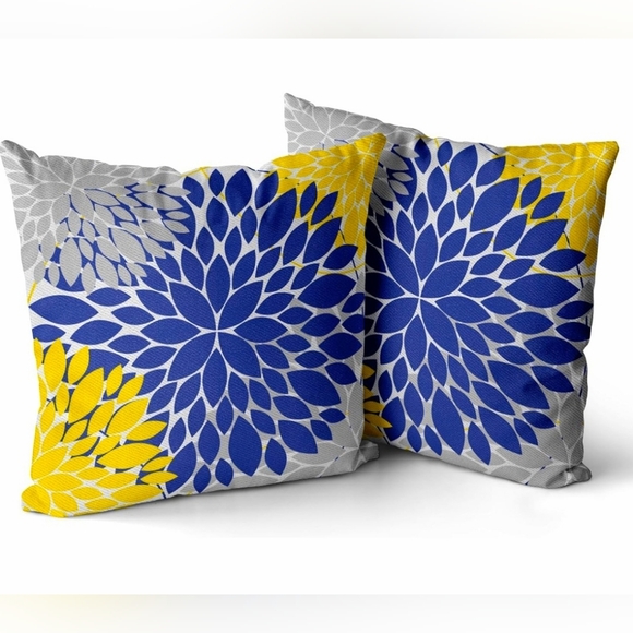 Navy Blue & Yellow Dahlia Pillow Covers, 18x18” Set of 2 - Picture 1 of 6